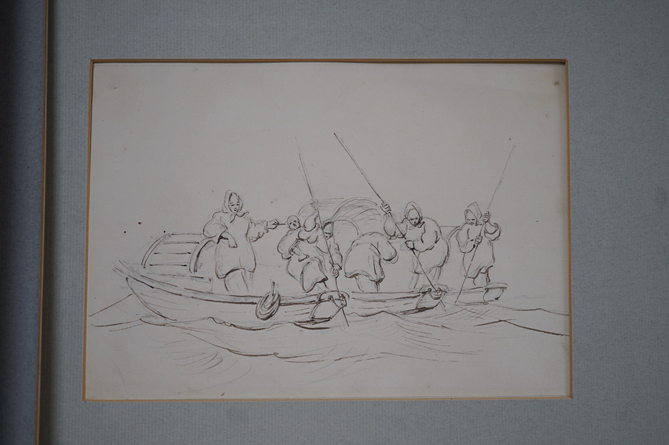 Manner of George Chinnery (1774-1852), six pen and ink drawings, Studies of boatmen, a junk and figures on the shore, largest approx. 19 x 19cm, unframed